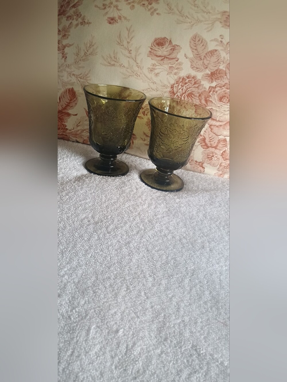 Olive Green Embossed Glass Pedestal Goblets